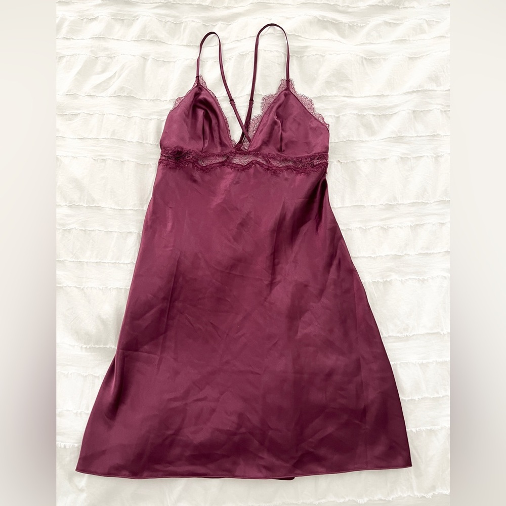 Victoria's Secret Burgundy Satin Lingerie Slip Chemise Nightie Gown Small